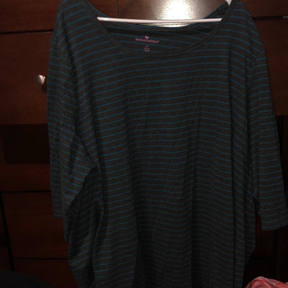 3/4 length sleeve tunic grey and turquoise stipe